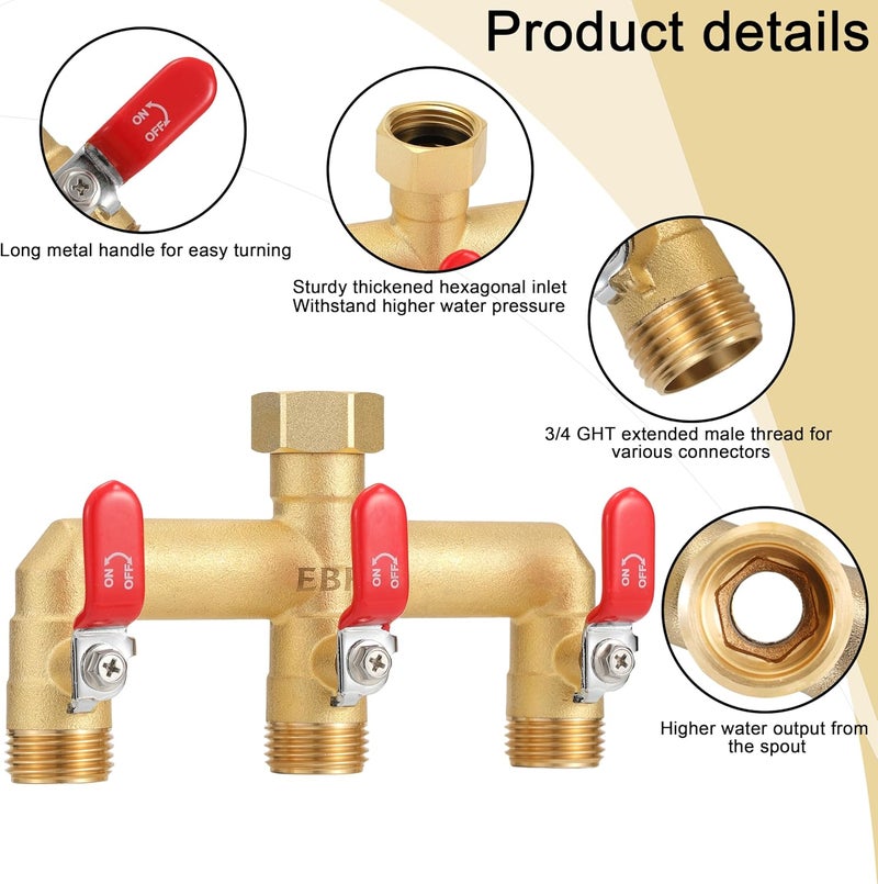 EBH Garden Hose Splitter, 3-Way High Flow Heavy Duty Brass Outdoor Hose Manifold with Long Handles Full Flow Faucet Adapter- 3/4” GHT(RED) - Image 3